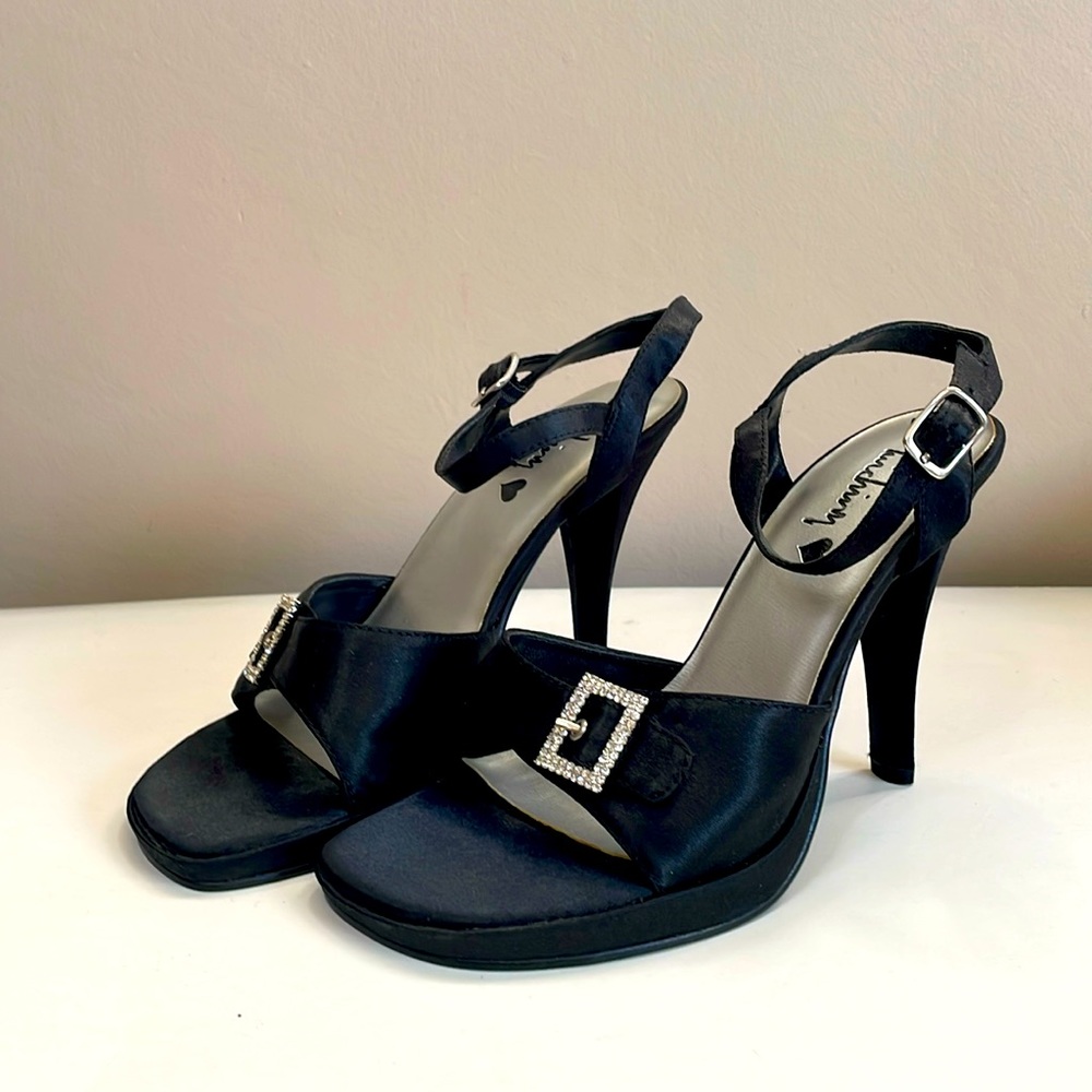 Women’s satin open toe heels with rhinestone buckles size 7
